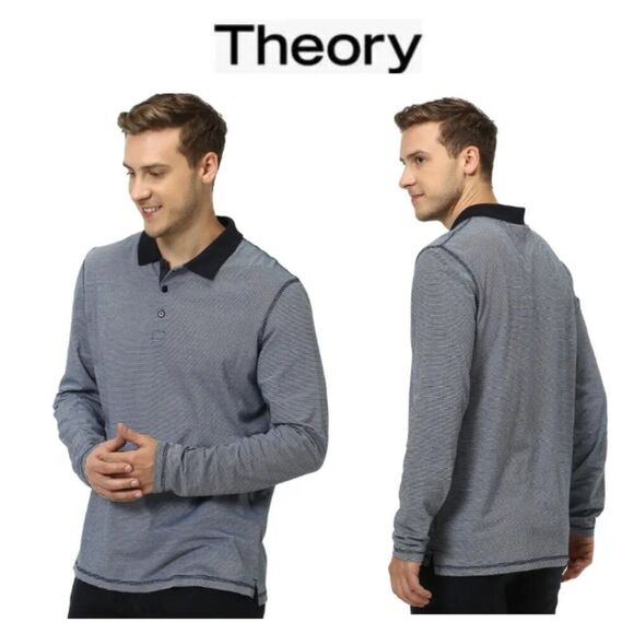 NWT - Theory Long Sleeves Standard Polo Jacquard Stripe Pima Cotton Top - Picture 1 of 10